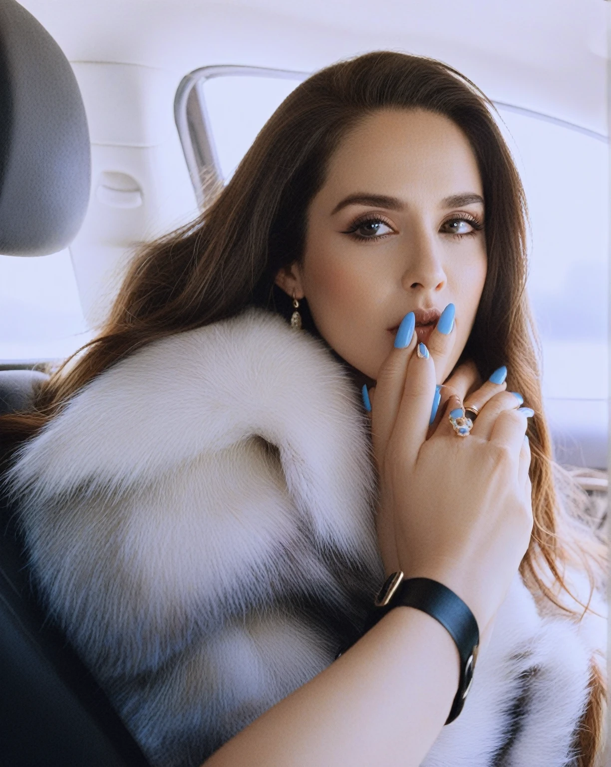 Woman with long hair and blue nails sitting in a car., King&#39;s wool, a portrait of King&#39;s wool, with cigarette, smoking, by Anita Malfatti, sitting in her car, In the style of Petra Collins, in the style of juergen teller, cigarette, inspired by Nan Goldin, inspired by Elsa Bleda, by Amelia Peláez, cigarette between fingers, cigarette in mouth, smoking