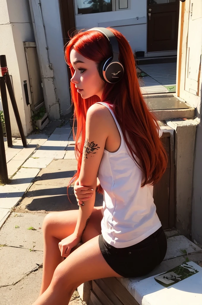 Illustration of a girl with red hair and a tattoo on her arm, who sits on the threshold of the house and listens to music on headphones.