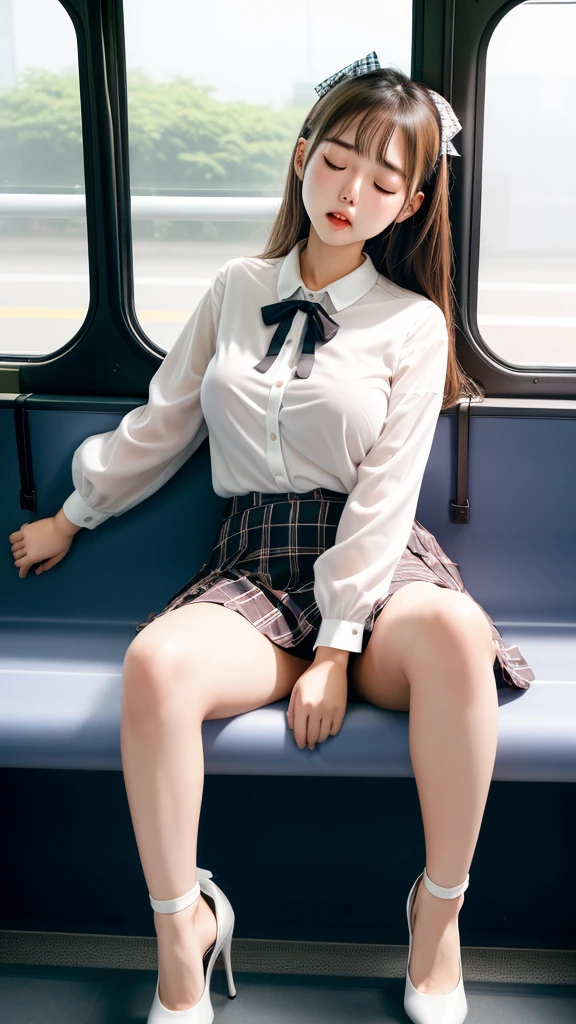 20-year-old women,,Clear images、Real women　、Brown Hair, Medium Hair〜Half-up、She is sleeping soundly with her mouth open.., Slim figure ,Breasts are a little bigger than normal , Head to toe full body shot, Shiny white high heels、 Blouse with ribbon on the chest、Checkered mini skirt, Sit comfortably in the back of the bus, 、私 threw my head back and fell into a deep sleep..,Arms hanging down. I&#39;m exhausted on the way home after work..Sleeping like the dead.My knees are open, Both feet are on the floor, sleeping face, close your eyes, Mouth wide open and drool、Tilt your head back and look up, I can rest my head on the seat and sleep soundly..., Anatomically correct,Composition looking up from the front 