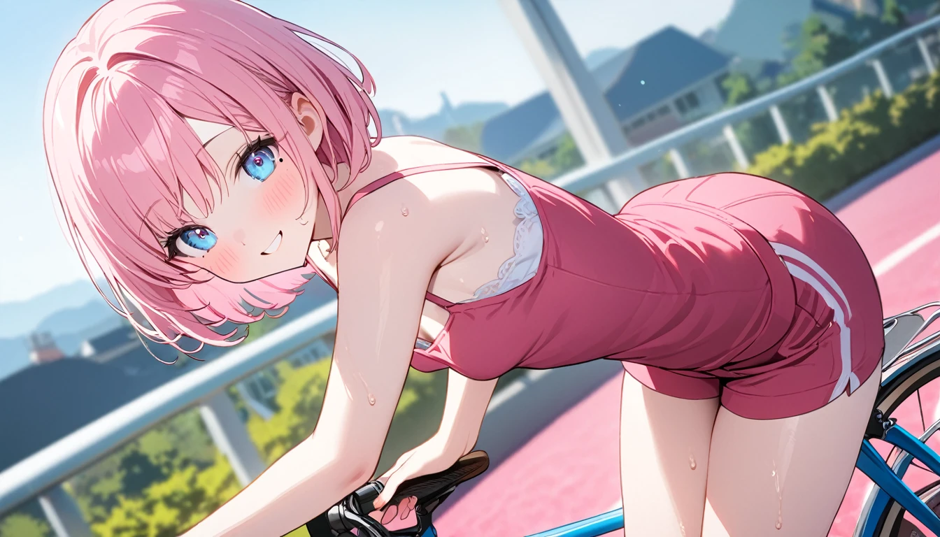 (1 girl),(Best Picture Quality, 8K, Masterpiece:1.3), (high school student:1.5), ((pink lob hair:1.1)), (bob cut),(swept bangs), (cute eyes, pupil black, iris skyblue, youthful face), (mole under right eye), (standard weight), (small breasts), (glistening skin:1.1),(pale skin:1.2),((camisole, hot pants)),(Smile),(sweat),((Ride a pink road bicycle)),(from side).