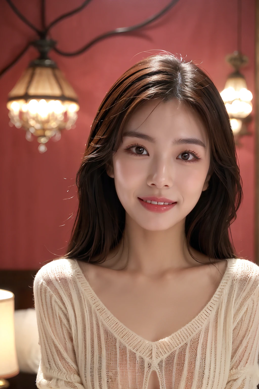 (Highest quality、Cowboy Shot、8k、Best image quality、Award-winning works)、(Japanese)、1 cute girl、(Perfect V-neck long knit sheer sweater:1.3)、Red eyeshadow、Perfect Makeup、Long eyelashes、Ultra HD Shining Eyes、Ultra HD Hair、Glossy lipstick、Ultra-high resolution glossy lips、Super high resolution beautiful face、Brown Hair、Big Breasts、Cleavage、Accurate anatomy、(Face close-up:1.4)、Luxury Love Hotel、(The most atmospheric and warm lighting:1.1)、(Strongly blurred luxury love hotel background:1.2)