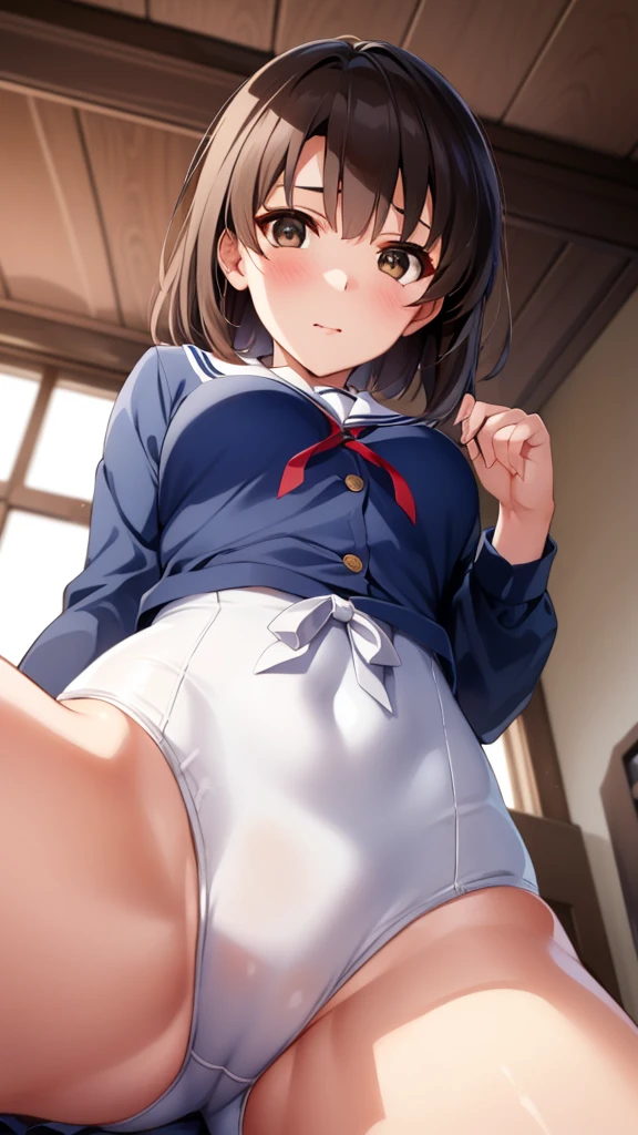 {{{masterpiece}}}, {{{best quality}}}, {{ultra-detailed}}, {illustration}, {{an extremely delicate and beautiful}}, (beautiful detailed eyes:1.6), extremely detailed face, 8k, anime face, Katou Megumi (SAEKANO), cute face, brown hair, short hair, (brown eyes:1.7),bbmegumi, short hair, medium breasts, thin waist, big hips, curvaceous, {{school clothes}}, sailor collar, (blue shirt:1.5), long sleeves, red ribbon tie, pleated skirt, blue skirt, short skirt, thighs, black socks, swimsuit, one-piece swimsuit, school swimsuit, (white swimsuit:1.3), cameltoe,BREAK, spread legs,sexy pose, cute face, embarrassed, naughty expression, flushed cheeks, on the bed, On your back, peer in from below, looking at viewer, whole body, indoor