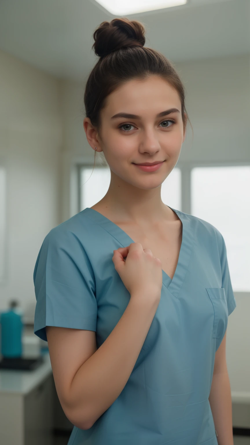 Ultra realistic, Cinematic, team of 3 surgical nurses, 3 french teeanger girls, blonde hair all girls standing, working in surgery, , body, pale skin, beautiful face, big smile, detailed face, ultra soft and ultra light slight small teal women hospital scrubs, teal hospital scrubs, wide angle showing full body, hospital ward, people, bokeh, short hair tied up as hair bun / Chignon