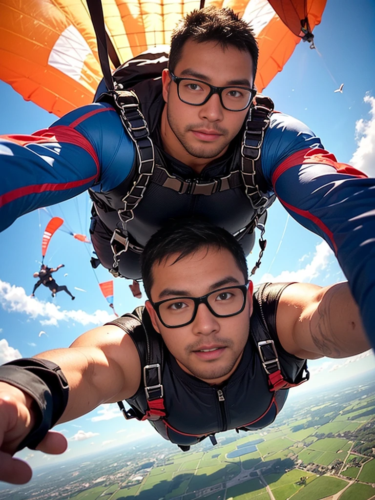 crew cut, (((full body))), (((landscape))), mature man, [slightly fat], asian man, rounded face, brown eyes, ((rounded face)), glasses, balding, (((1boy, Solo))), (big shoulders), (((stubbles, Short beard))), a young man with short, disheveled black hair, close-up portrait, looking directly at the camera, (((goggles, skydiving, falling through the sky with a parachute))), cinematic lighting, dramatic clouds, dynamic composition, high-quality, cinematic, photorealistic, highly detailed, volumetric lighting, beautiful blue hour sky, stunning natural lighting