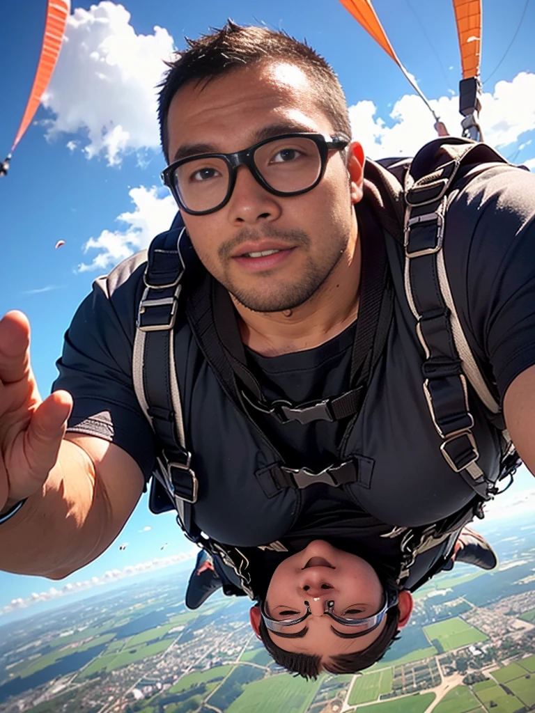crew cut, (((full body))), (((landscape))), mature man, [slightly fat], asian man, rounded face, brown eyes, ((rounded face)), glasses, balding, (((1boy, Solo))), (big shoulders), (((stubbles, Short beard))), a young man with short, disheveled black hair, close-up portrait, looking directly at the camera, (((goggles, skydiving, falling through the sky with a parachute))), cinematic lighting, dramatic clouds, dynamic composition, high-quality, cinematic, photorealistic, highly detailed, volumetric lighting, beautiful blue hour sky, stunning natural lighting