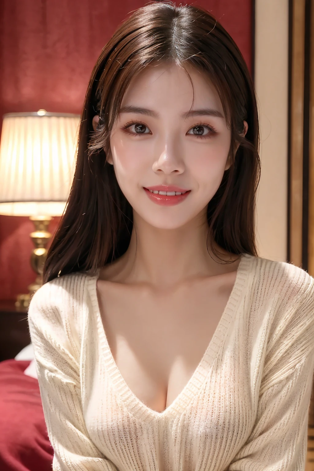 (Highest quality、Cowboy Shot、8k、Best image quality、Award-winning works)、(Japanese)、1 cute girl、(Perfect V-neck long knit summer sweater:1.3)、Red eyeshadow、Perfect Makeup、Long eyelashes、Ultra HD Shining Eyes、Ultra HD Hair、Glossy lipstick、Ultra-high resolution glossy lips、Super high resolution beautiful face、Brown Hair、Big Breasts、Cleavage、Accurate anatomy、(Face close-up:1.4)、Luxury Love Hotel、(The most atmospheric and warm lighting:1.1)、(Strongly blurred luxury love hotel background:1.2)