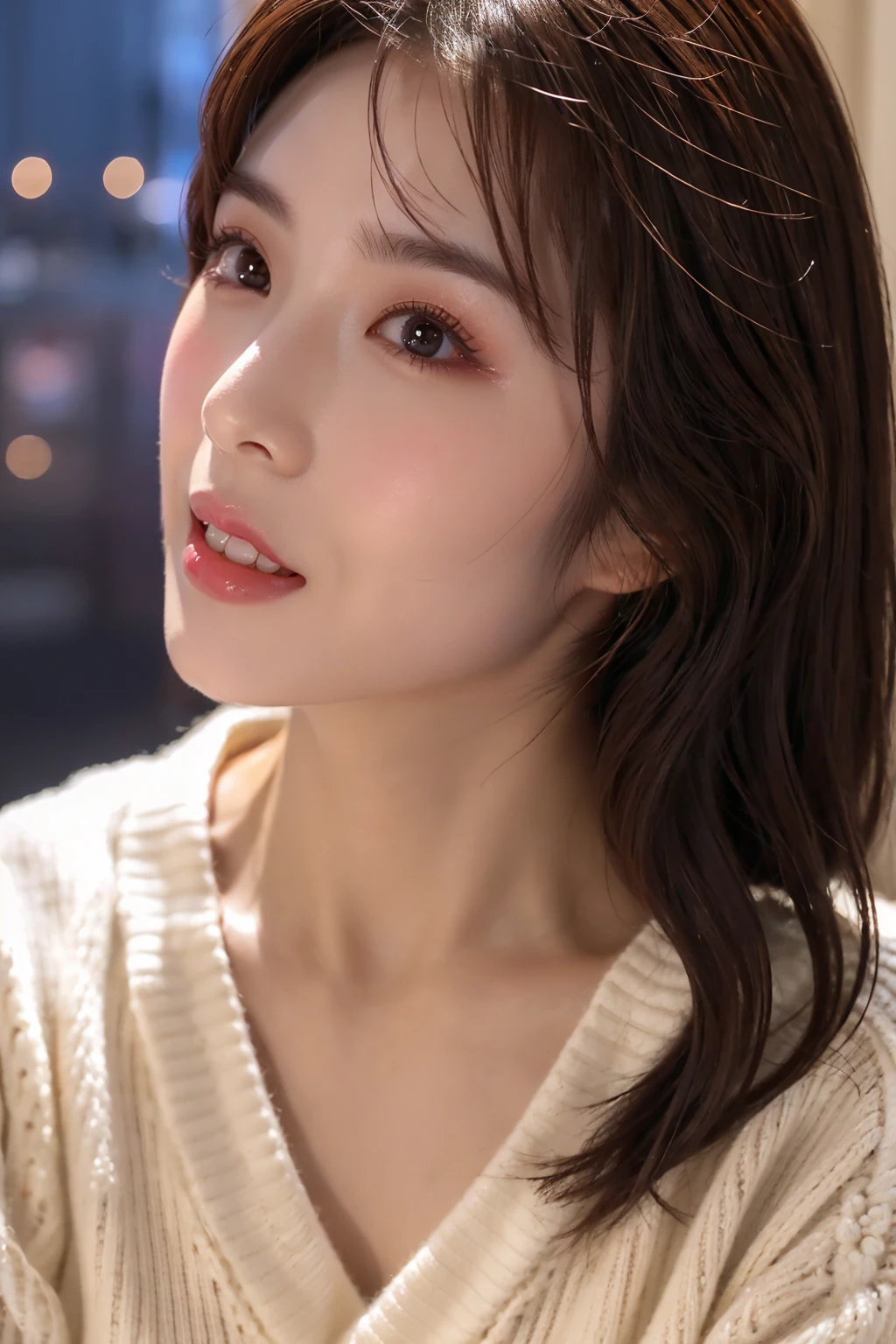 (Highest quality、Cowboy Shot、8k、Best image quality、Award-winning works)、(Japanese)、1 cute girl、(Perfect V-neck long knit summer sweater:1.3)、Red eyeshadow、Perfect Makeup、Long eyelashes、Ultra HD Shining Eyes、Ultra HD Hair、Glossy lipstick、Ultra-high resolution glossy lips、Super high resolution beautiful face、Brown Hair、Big Breasts、Cleavage、Accurate anatomy、(Face close-up:1.4)、Luxury Love Hotel、(The most atmospheric and warm lighting:1.1)、(Strongly blurred luxury love hotel background:1.2)