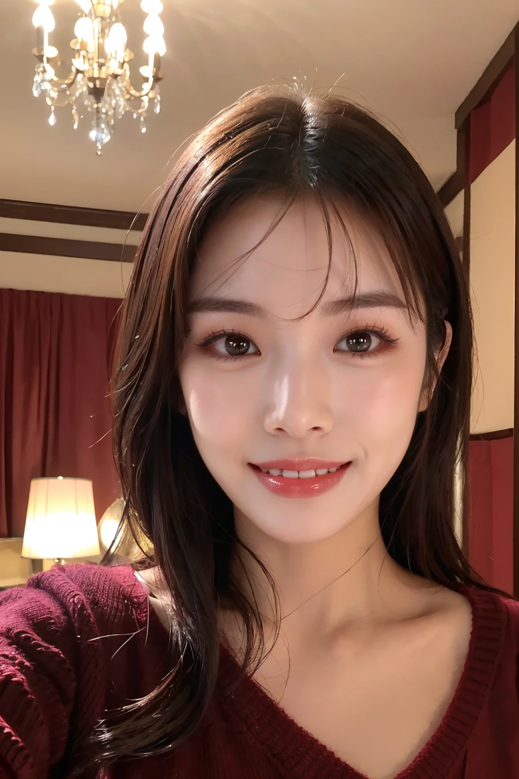 (Highest quality、Cowboy Shot、8k、Best image quality、Award-winning works)、(Japanese)、1 cute girl、(Perfect V-neck long knit summer sweater:1.3)、Red eyeshadow、Perfect Makeup、Long eyelashes、Ultra HD Shining Eyes、Ultra HD Hair、Glossy lipstick、Ultra-high resolution glossy lips、Super high resolution beautiful face、Brown Hair、Big Breasts、Cleavage、Accurate anatomy、(Face close-up:1.4)、Luxury Love Hotel、(The most atmospheric and warm lighting:1.1)、(Strongly blurred luxury love hotel background:1.2)