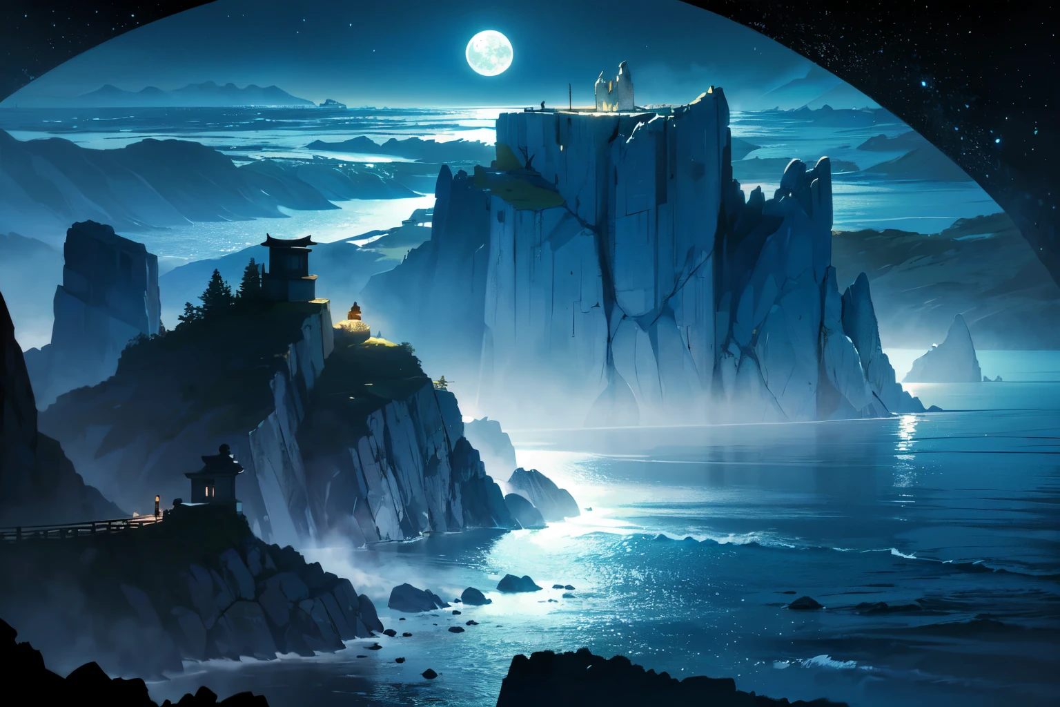 ((Overlooking)) , ((Mysterious Night Island)), ((Helicopter shot)), (İSLAND), 
mysterious, night, full moon, starlight, Quiet Sea, Blue light, Island silhouette, Wave, Fantasy, Blue Mist, (Ancient stone carvings), Shining Water Surface, light in the darkness