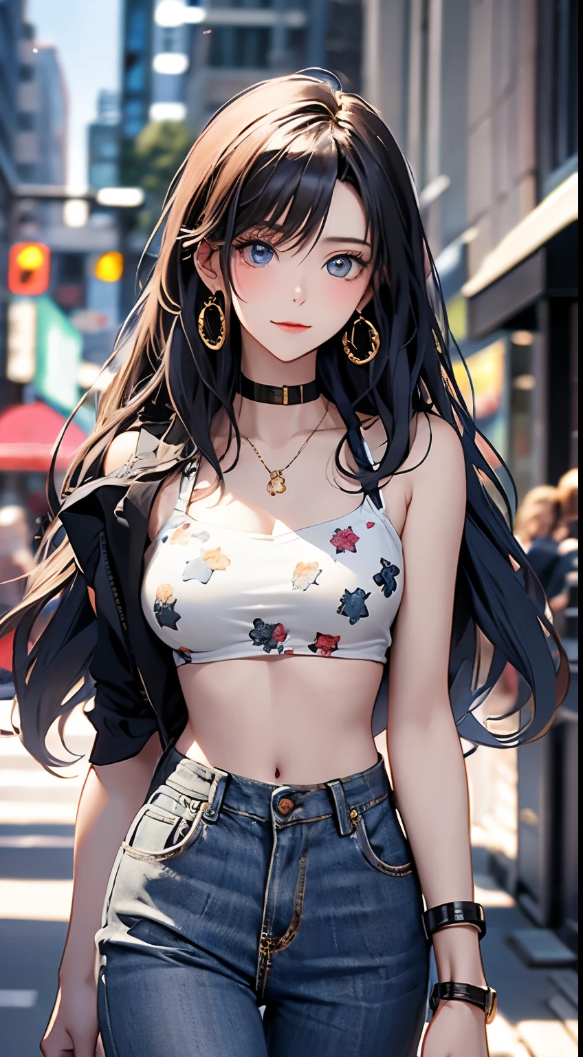 top-quality、Top image quality、​masterpiece、girl with((18year old、 Beautiful Aloha Shirts、Black bra、Blue long trousers、Best Bust、Bust 85、a blond、Semi-long、Blue eyes、open chest wide、Valley、Happiness、A slender、Troubled face、Gold Earrings、Silver Watch、Hold hands with your audience)）hiquality、Beautiful Art、Background with((movie theatre)、masutepiece、Elaborate design、visualart