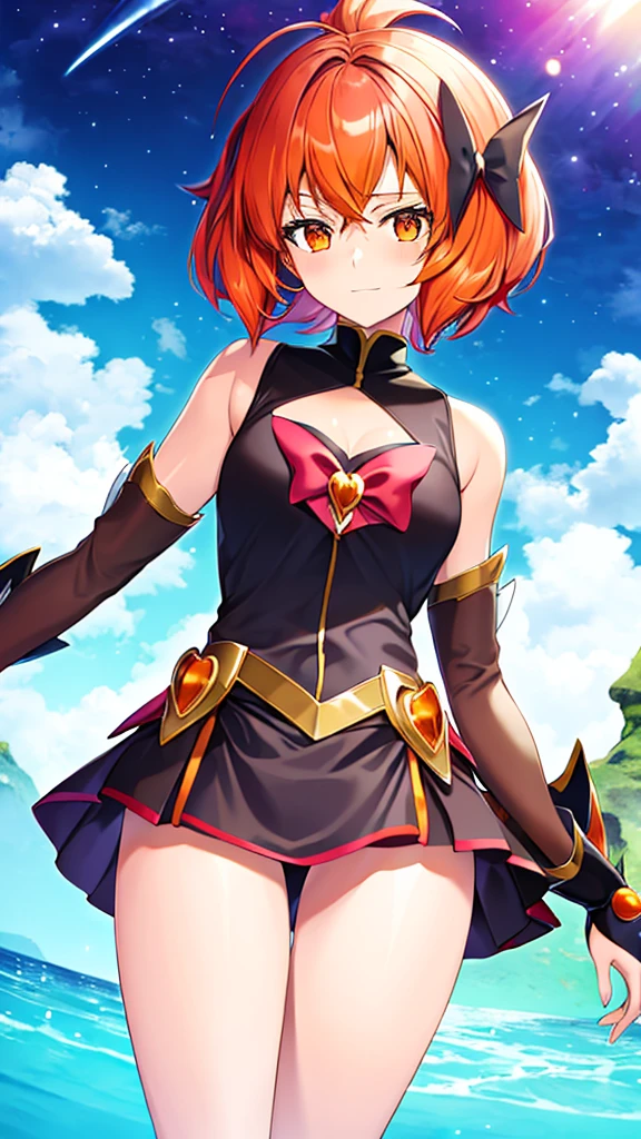 Hoshizora Rin, orange hair, yellow eyes, solo, strapless leotard, looking at viewer, wariza, sitting on knees, sexy smile, wisteria, cape, facing viewer, spread legs, (best quality, 4k, 8k, highres, masterpiece:1.2), ultra-detailed, (realistic, photorealistic, photo-realistic:1.37), HDR, UHD, studio lighting, ultra-fine painting, sharp focus, physically-based rendering, extreme detail description, professional, vivid colors, bokeh, portraits, landscape, horror, anime, sci-fi, photography, concept artists, warm color palette, soft lighting.