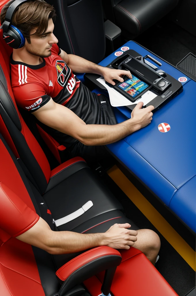 Gamer dessin animé 3d assis sur un canapé avec le maillot de bayer leverkusen entrain de jouer aux jeux vidéos