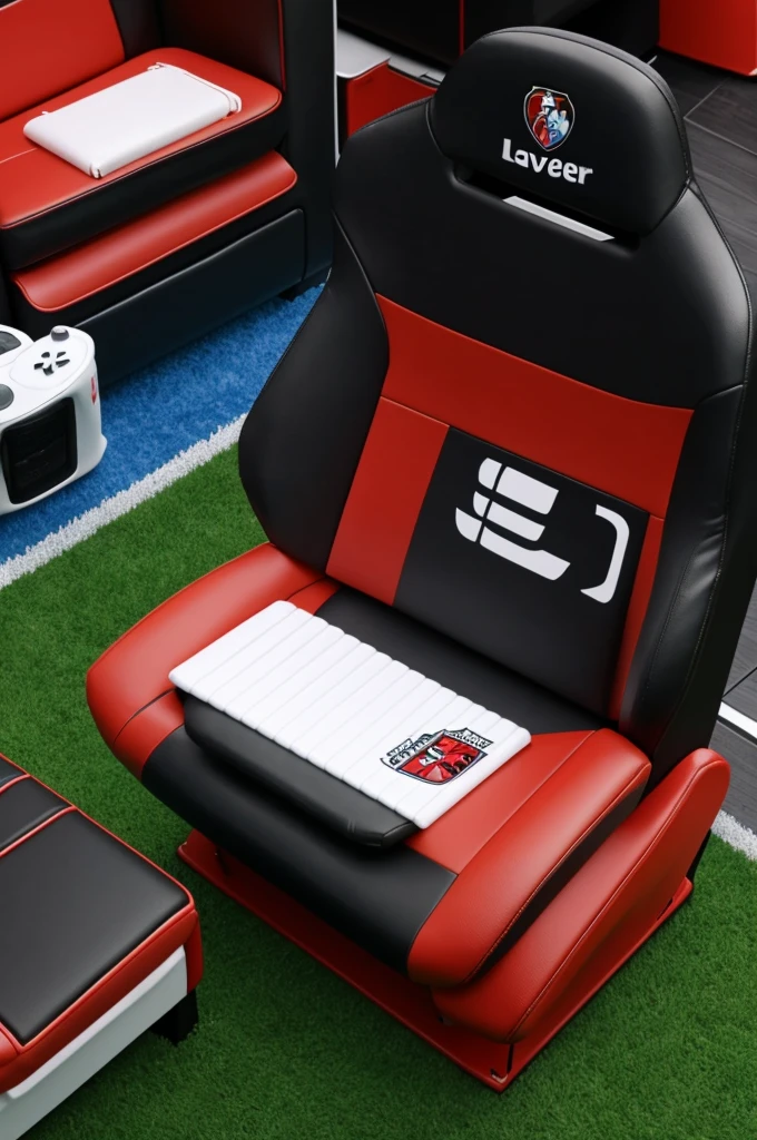 Gamer dessin animé 3d assis sur un canapé avec le maillot de bayer leverkusen entrain de jouer aux jeux vidéos