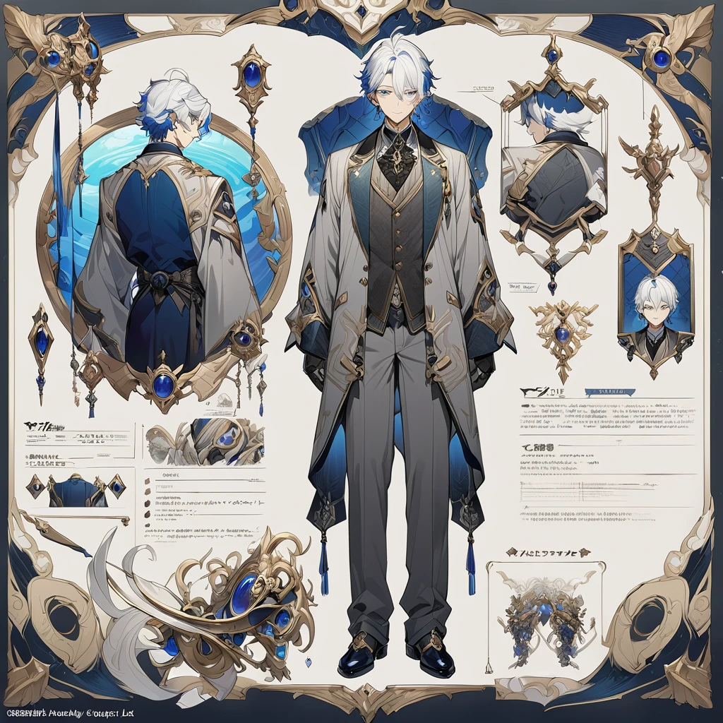 Grey suit、Blue Hair、((masterpiece, Highest quality)), male, maleの子, Detailed face, Character design sheet， Full Body, Full of details, Front view, Back view, Very detailed, depth, Many parts, maleの子 with white hair，Handsome, Scholar&#39;s outfit, 背の高いmale性、