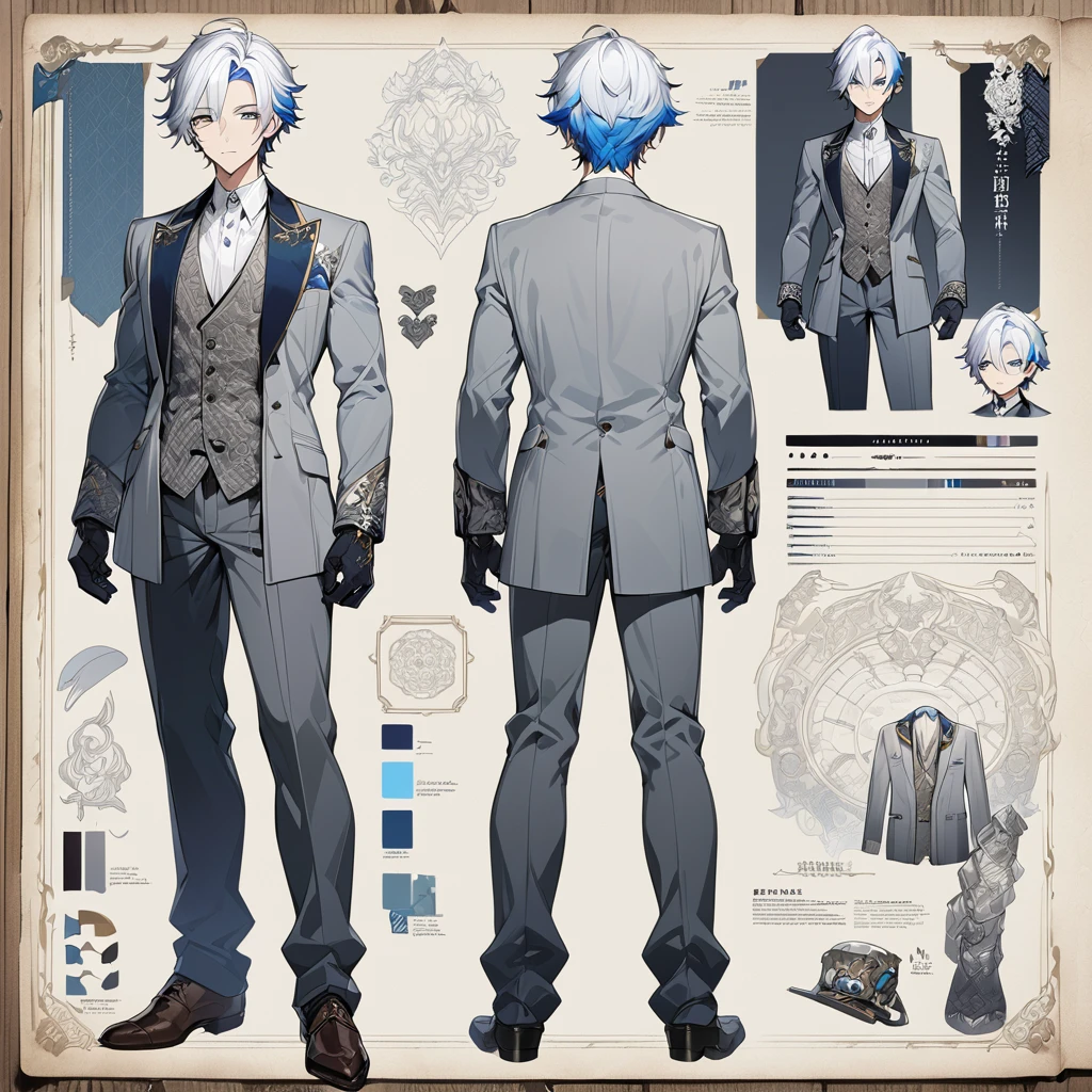 Grey suit、Blue Hair、((masterpiece, Highest quality)), male, maleの子, Detailed face, Character design sheet, Full Body, Full of details, Front view, Back view, Very detailed, depth, Many parts, maleの子 with white hair,Handsome, Scholar's outfit, 背の高いmale性、