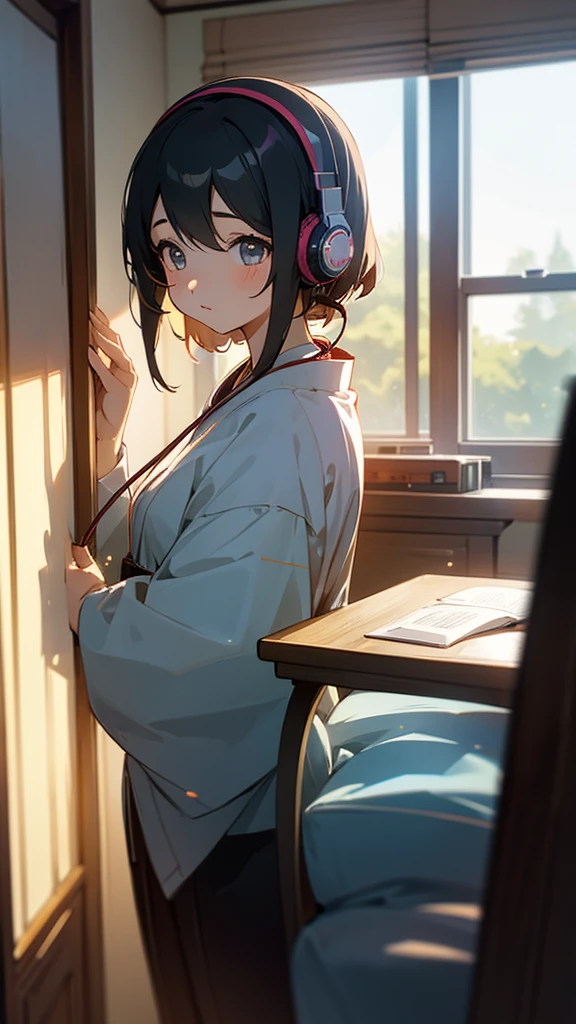 Beautiful girl studying in her room while listening to music with headphones、Warm lighting、Outside the room, Japanese anime style