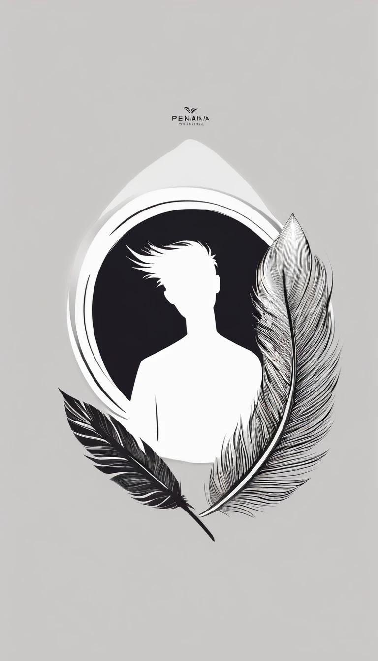 A minimalist, fantastic, poetic, dreamy, captivating, memorable, masterpiece, modern, simple logo design of a boy and a feather for the brand “Penamemoria". The logo must convey a sense of music, stories and dreams. Minimalistic logo design of a boy and a feather.