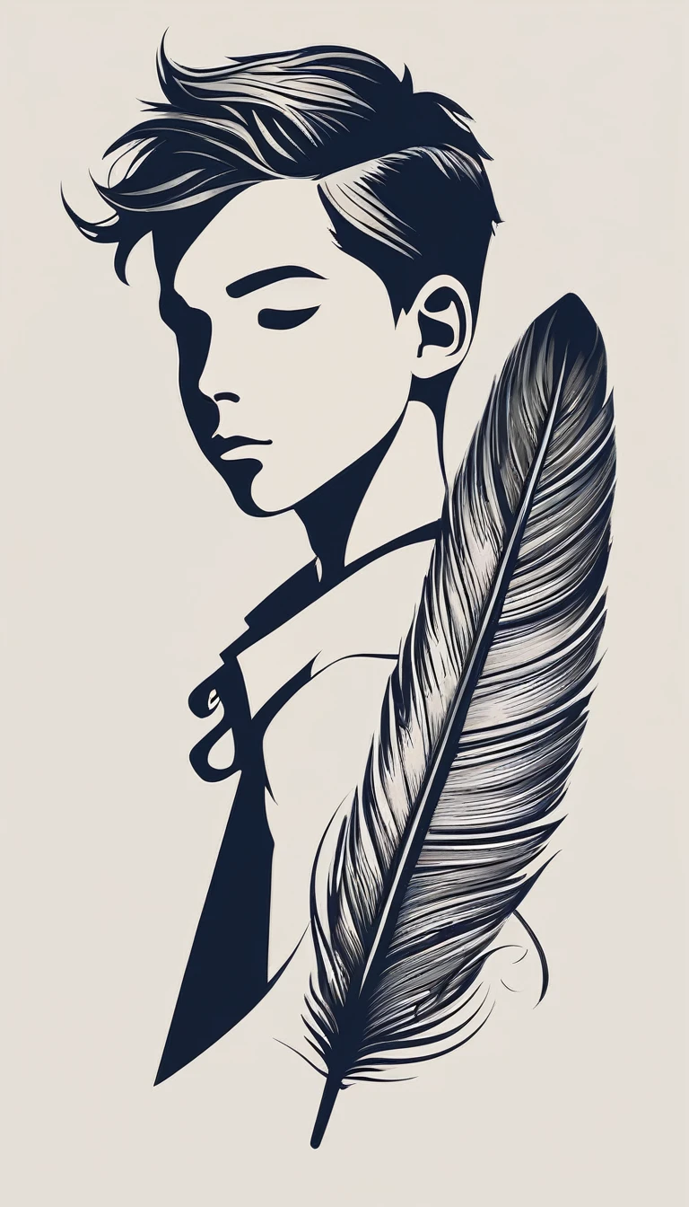 A minimalist, fantastic, poetic, dreamy, captivating, memorable, masterpiece, modern, simple logo design of a boy and a feather for the brand “Penamemoria". The logo must convey a sense of music, stories and dreams. Minimalistic logo design of a boy and a feather.