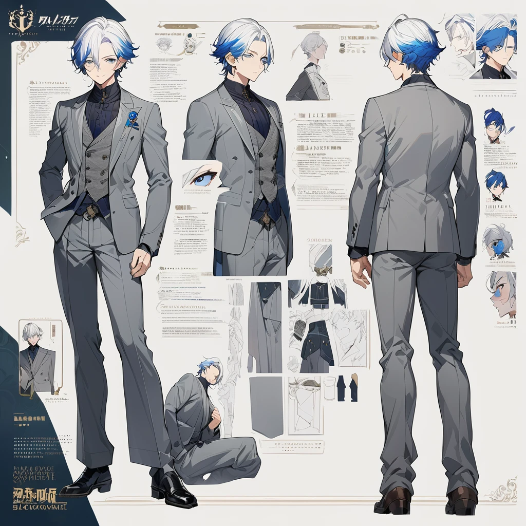 Grey suit、Blue Hair、((masterpiece, Highest quality)), male, maleの子, Detailed face, Character design sheet， Full Body, Full of details, Front view, Back view, Very detailed, depth, Many parts, maleの子 with white hair，Handsome, Scholar&#39;s outfit, 背の高いmale性、