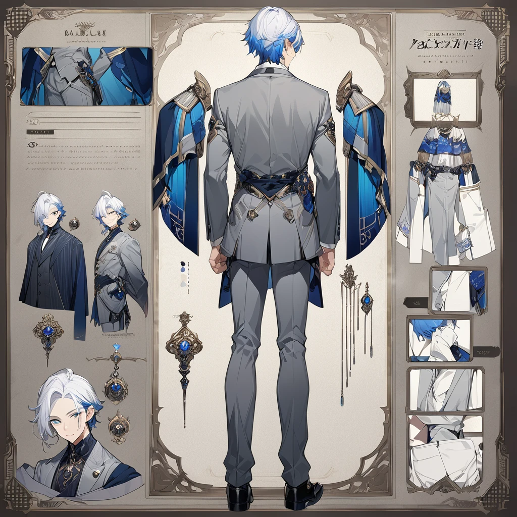 Grey suit、Blue Hair、((masterpiece, Highest quality)), male, maleの子, Detailed face, Character design sheet， Full Body, Full of details, Front view, Back view, Very detailed, depth, Many parts, maleの子 with white hair，Handsome, Scholar&#39;s outfit, 背の高いmale性、