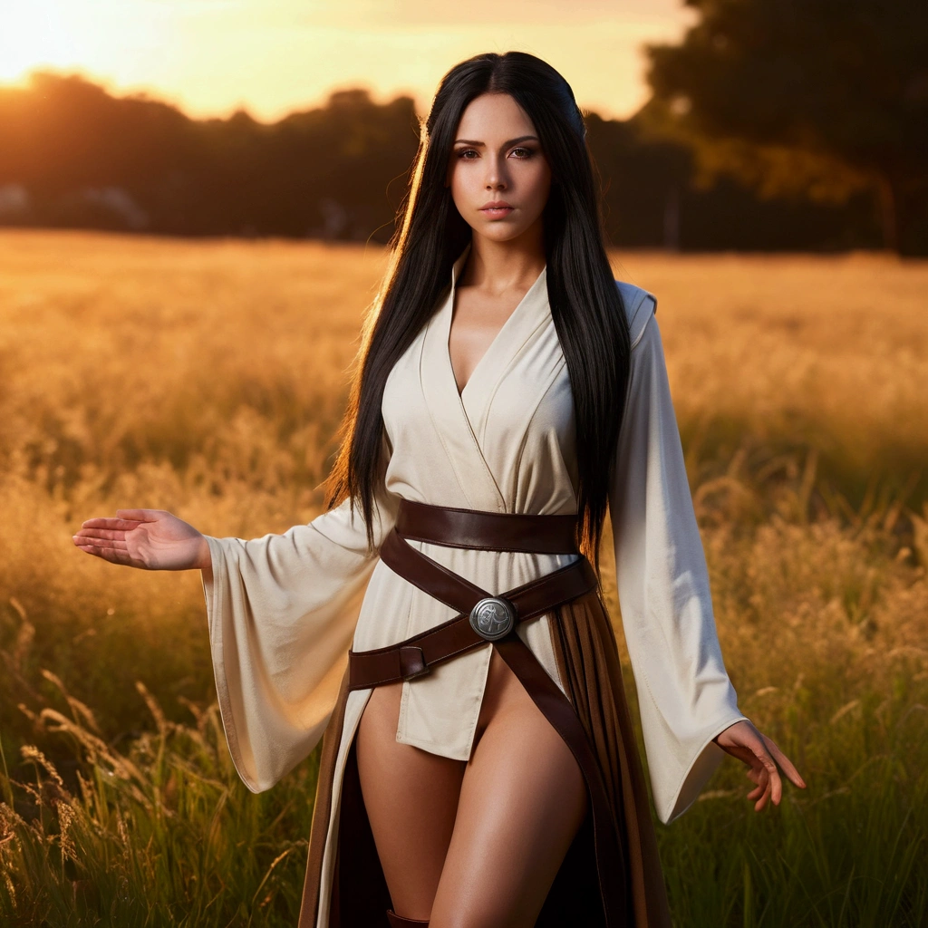 ((full body)) ((knees visible)) ((hands visible)) A real photo of a full body, side view, tall, young, 26 years old, female with long straight black hair, above model  Fantastic, fitness model standing in the grass wearing a (Jedi cosplay outfit inspired by white, beige and brown)).   The woman has a beautiful, shapely and beautiful body.   The picture is real., very accurate.   Very high resolution, 8k rendering, evening lighting with sunset and red horizon.   The lighting is great, the scene is clear, extreme realism, cinematic image.   Very detailed face, beautiful piercing eyes, long hair blowing in the wind, seductive suit