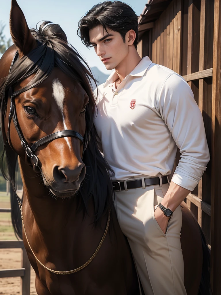 portrait headshot of a A tall handsome 27 year old man in a red and white long sleve polo shirt and white ridding pants and knee length  black boots. Holding a black horse by the harness with his left hand. He has black hair with a 70s-Inspired Shag brown eyes and light tan skin. He is muscular, athletic, and strong. In the background is a stable is a building in which livestock, especially horses, are kept.