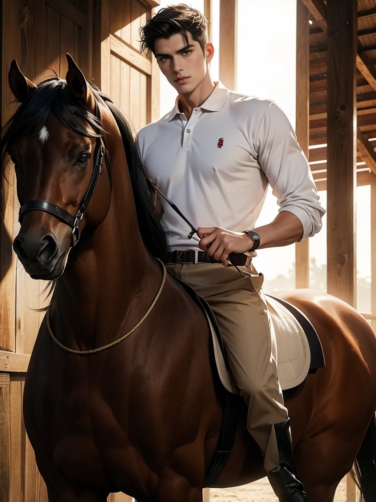 portrait headshot of a A tall handsome 27 year old man in a red and white long sleve polo shirt and white ridding pants and knee length black boots. Holding a black horse by the harness with his left hand. He has black hair with a 70s-Inspired Shag brown eyes and light tan skin. He is muscular, athletic, and strong. In the background is a stable is a building in which livestock, especially horses, are kept.