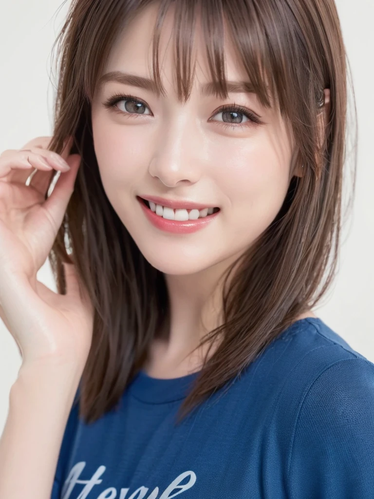 (Highest quality、8k、32K、masterpiece)、(Realistic)、(Photorealistic:1.2)、(High resolution)、Very detailed、Very beautiful face and eyes、1 girl、Round and small face、Narrow waist、Delicate body、(close、Highest quality、Attention to detail、Rich skin detail)、(Highest quality、8k、Oil paints:1.2)、Very detailed、(Realistic、Realistic:1.37)、Bright colors、(((Bust Shot)))、(((Brown Hair)))、(((Bob Hair)))、(((Pure white wall background)))、(((Pure white wall background)))、(((Dressed in blue)))、(((She has a happy expression)))、(((Laughter)))、(((Wearing a blue T-shirt)))、(((Look straight ahead)))、(((This is a shirt with a number on it...)))、(((wave hands)))、Frame In