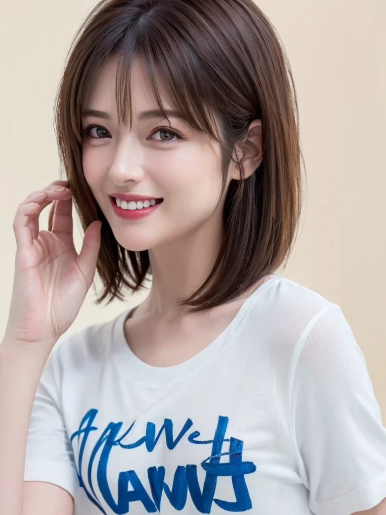 (Highest quality、8k、32K、masterpiece)、(Realistic)、(Photorealistic:1.2)、(High resolution)、Very detailed、Very beautiful face and eyes、1 girl、Round and small face、Narrow waist、Delicate body、(close、Highest quality、Attention to detail、Rich skin detail)、(Highest quality、8k、Oil paints:1.2)、Very detailed、(Realistic、Realistic:1.37)、Bright colors、(((Bust Shot)))、(((Brown Hair)))、(((Bob Hair)))、(((Pure white wall background)))、(((Pure white wall background)))、(((Dressed in blue)))、(((She has a happy expression)))、(((Laughter)))、(((Wearing a blue T-shirt)))、(((Look straight ahead)))、(((This is a shirt with a number on it...)))、(((wave hands)))、Frame In