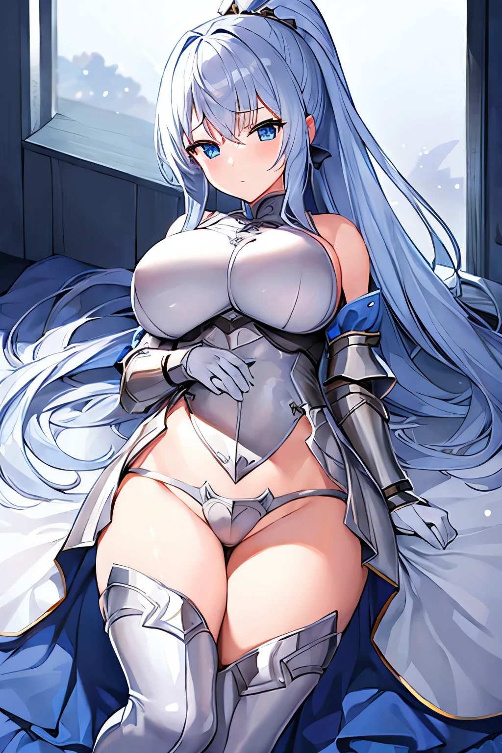 1 girl、silver ponytail、knight、Less Armor、Blue decoration、Crotch V line、Expose、Bigger breasts、Dirty、Shameless、