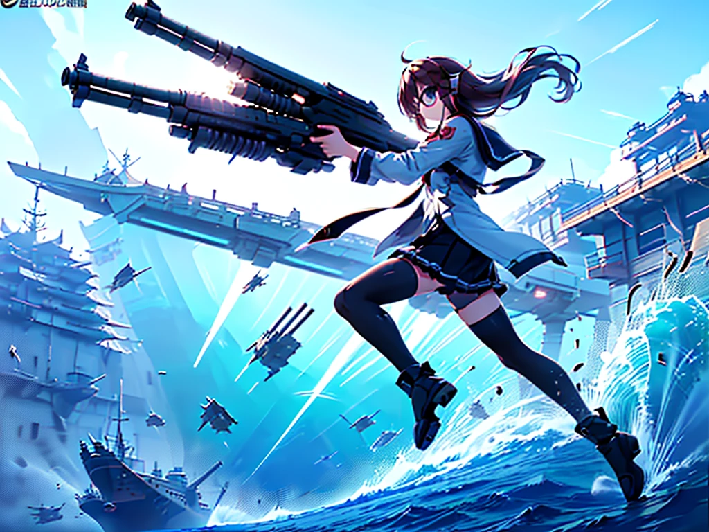 (((masterpiece, Vision))), ((((Full body of a woman with perfect flat chest、1 Female、solo、Short unkempt black hair、Tie your messy hair at the nape of your neck、white military jacket、Miko costume、black tights、Black glasses are black、White military cap、Cloudy black eyes、Confused eyes、Junyo-inspired emblem、Ship-style boots)))), (((Shipgirl))), ((Floating on the morning sea with both feet)), (Standing with your legs apart)), Aim, (Hold the shotgun turret grip with your right hand), (Four mechanical tentacles covered in white armor extend from its back.), (Holding a shotgun with metal tentacles), (Equipped with a bridge on the back), (His left arm holds the grip of a triple-barreled shotgun),