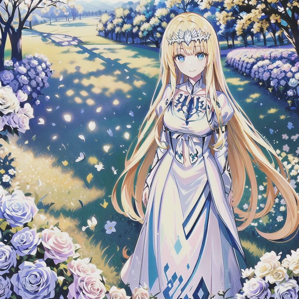 (A masterpiece、Extremely high quality、high picture quality、 standing in beautiful flowery garden、A slight smile, bouquet、Hair fluttering in the wind, 1girl,solo, calca, blonde hair, ,( extremely long hair:1.2), very long hair, extra long hair, white tiara, white dress, blue eyes,Calca Bessarez, medium breast,Calca,