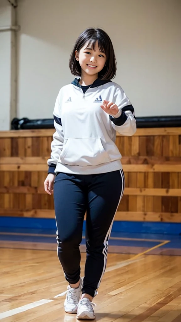 masterpiece, highest quality, 8K, Young beautiful girl, (medium ), Turning a large buttocks [someone],blue track suit, (((thick thighs))), black short cut, Cute face, looking away,  cute smile face、No makeup, Ten generations, Detailed face, Background bokeh、((18 years old))、full body, school, dancing in wooden floor gym room, Low Key Lighting