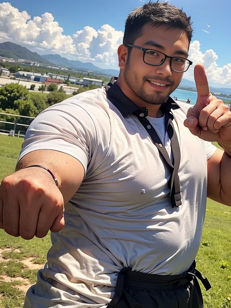 crew cut, (((full body))), (((landscape))), mature man, [slightly fat], asian man, rounded face, brown eyes, ((rounded face)), glasses, balding, 1boy, Solo, (big shoulders), (((stubbles, Short beard))), Yomama_Fighter_jet_pilot_Selfie_v2、pilotスーツ、Thumbs up