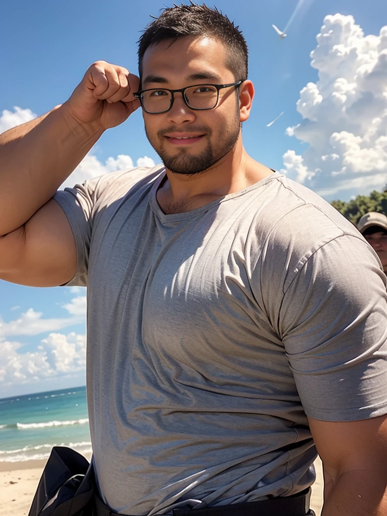 crew cut, (((full body))), (((landscape))), mature man, [slightly fat], asian man, rounded face, brown eyes, ((rounded face)), glasses, balding, 1boy, Solo, (big shoulders), (((stubbles, Short beard))), Yomama_Fighter_jet_pilot_Selfie_v2、pilotスーツ、Thumbs up