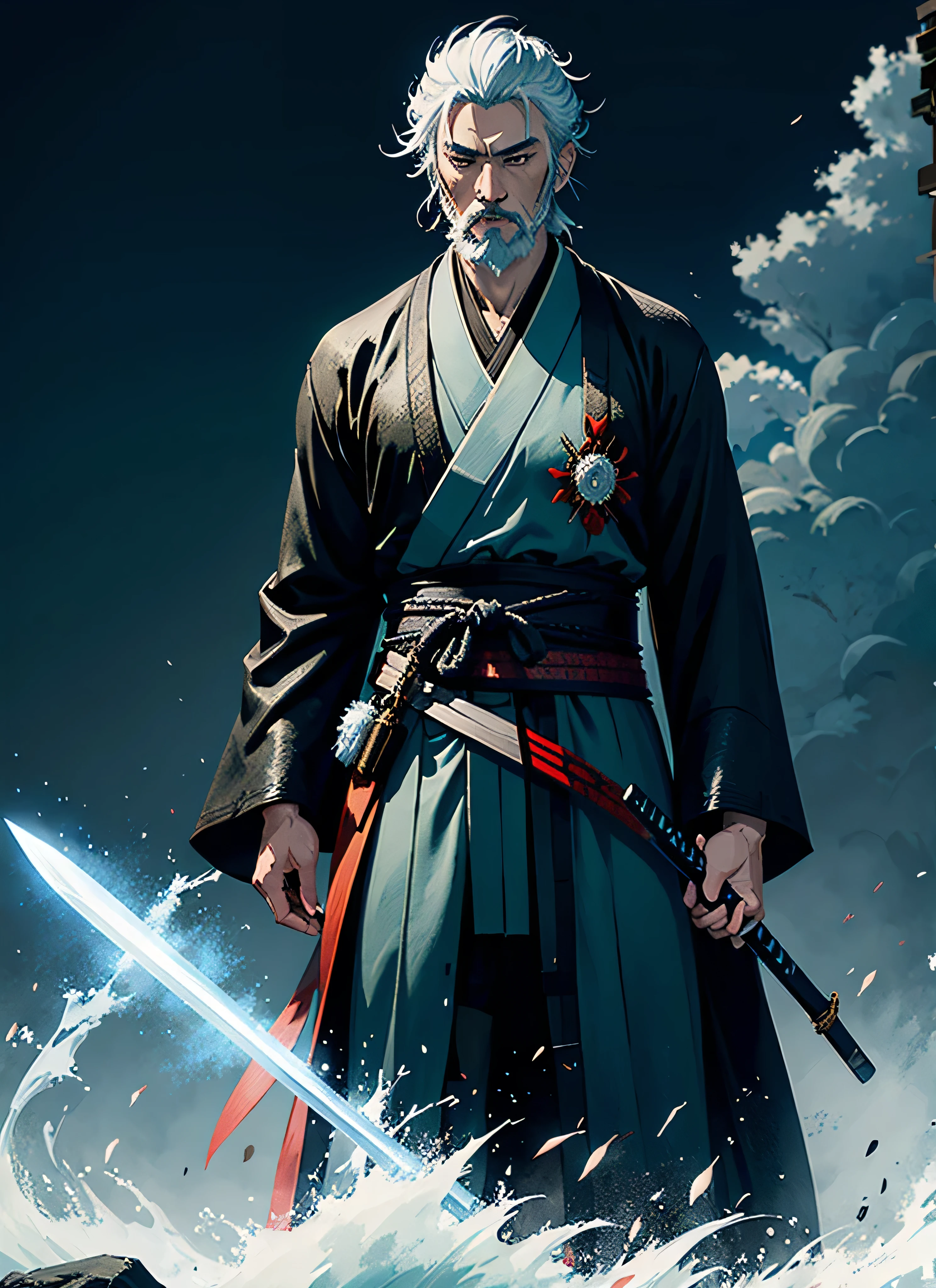 Isshin, the Sword Saint is a legendary warrior and the founder of the Ashina Clan. He is an old man with white hair and beard, wearing a blue kimono with black patterns and a white cloak. He carries a katana and a spear. He also has a gun hidden in his sleeve.
He awaits Sekiro in the great grass field where he first fought Genichiro Ashina, his grandson. The field is covered with blood and corpses of soldiers who died in the battle. The sky is dark and stormy, and lightning flashes occasionally. Isshin emerges from Genichiro’s body after he sacrifices himself to revive him using the Black Mortal Blade. He respects Sekiro as a worthy opponent and challenges him to a final duel for the fate of Ashina.
moon, dark theme, light, fantasy,
