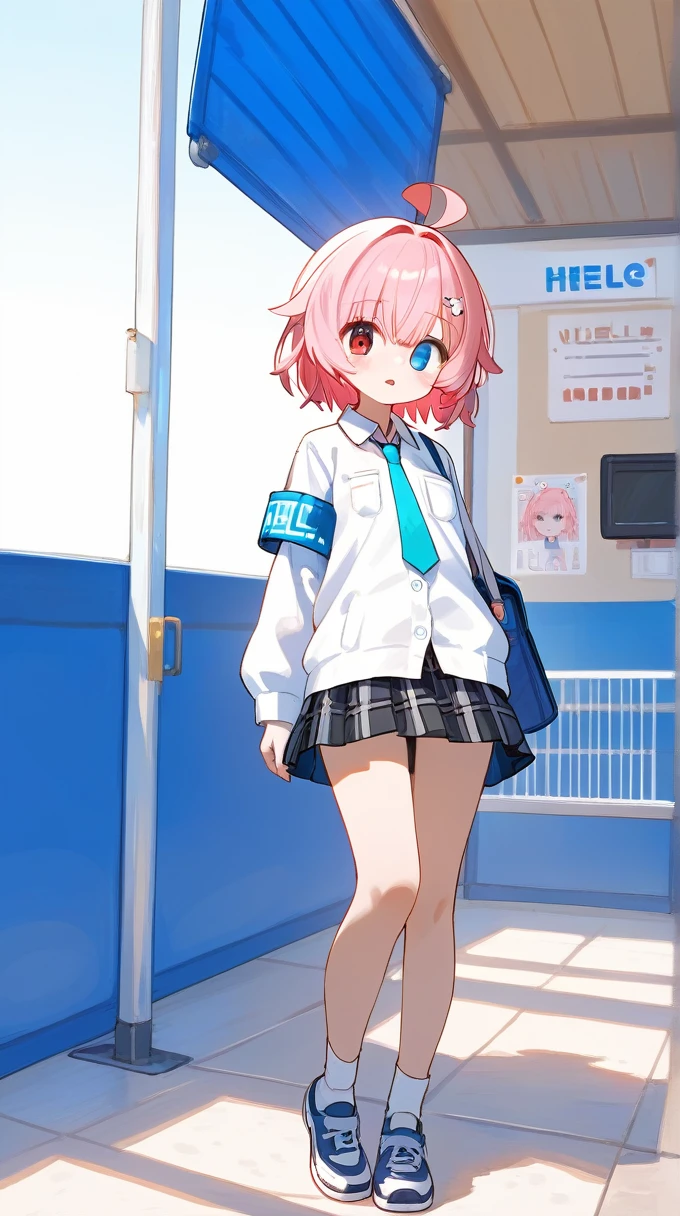 (score_9,score_8_superior,score_7_superior,),One girl,(Hoshino \(blue archiine\):0.9),Hoshino \(blue archiine\),Heterochromia iridis,short hair,Pink Hair,Ahoge,Hello,(inest:1.2),blue inest,long sleeines,Blue tie,Checked skirt,Armband,shoes,
In summer,Severe,campus,School,MIDD_shot,Looking_in_iniewer,squinting,from_Under,in,(Dawn:1.1),