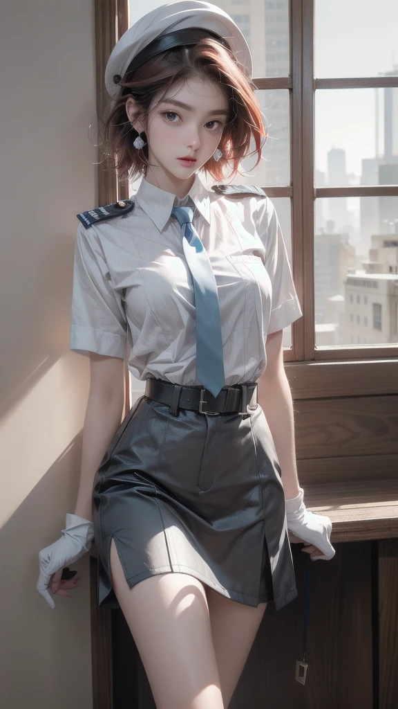 policewoman uniform, light blue short sleeved shirt, navy necktie, high waisted miniskirt, belt, white gloves, police hat, handcuffs, absurdres, RAW photo, extremely delicate and beautiful, masterpiece, Best Quality, ultra high resolution, 32k, hyperrealistic, ultra-detailed, detailed description, pale skin, 20 years old, tearful mole, earring, short medium hair, wavy hair, whole body shot, legs, Redhead, Red eyes,