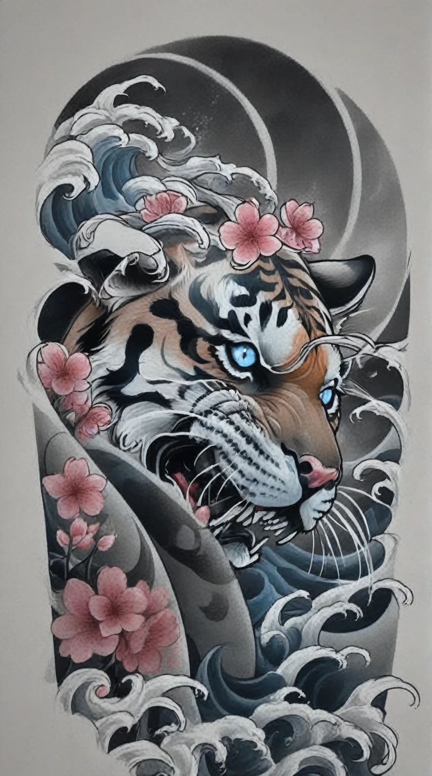 Traditional Japanese tattoo design, realistic tattoo art of Orange tiger with (((Blue eyes))) with pink sakura petal effect ,he is with open mouth looking very fierce and angry, the background is Japanese wave tattoo, (Unity 16K Wallpaper, masterpiece, Best Quality, high quality, Ultra-detailed, extremely details), a tattoo design, realistic tattoo art of Orange tiger with (((Blue eyes))) with pink sakura petal effect ,he is with open mouth looking very fierce and angry, the background is Japanese wave tattoo, upper arm tattoo,
