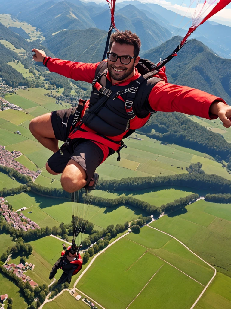 crew cut, (((full body))), (((landscape))), mature man, [slightly fat], asian man, rounded face, brown eyes, ((rounded face)), glasses, balding, (((1boy, Solo))), (big shoulders), (((stubbles, Short beard))), Paragliding On switzerland alaps valley, ((On air)), ((Paragliding)), Solo, Air, Realistic, Ultra HD, 8k unity walpaper, Ray Tracing, Beautiful smile, (smile:1.2), Red Knee length frock, detailed background, Detailed skin, detailed dress , Stylish looks, Full enjoying in paragliding, Beautiful Nature background view from the air, 