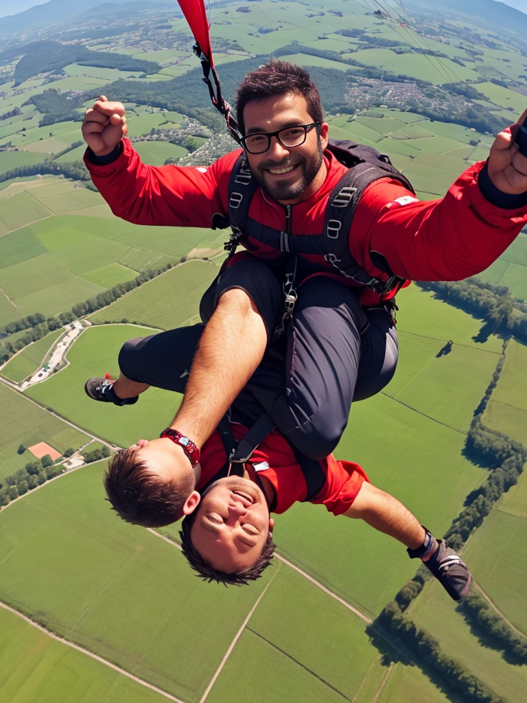 crew cut, (((full body))), (((landscape))), mature man, [slightly fat], asian man, rounded face, brown eyes, ((rounded face)), glasses, balding, (((1boy, Solo))), (big shoulders), (((stubbles, Short beard))), Paragliding On switzerland alaps valley, ((On air)), ((Paragliding)), Solo, Air, Realistic, Ultra HD, 8k unity walpaper, Ray Tracing, Beautiful smile, (smile:1.2), Red Knee length frock, detailed background, Detailed skin, detailed dress , Stylish looks, Full enjoying in paragliding, Beautiful Nature background view from the air, 