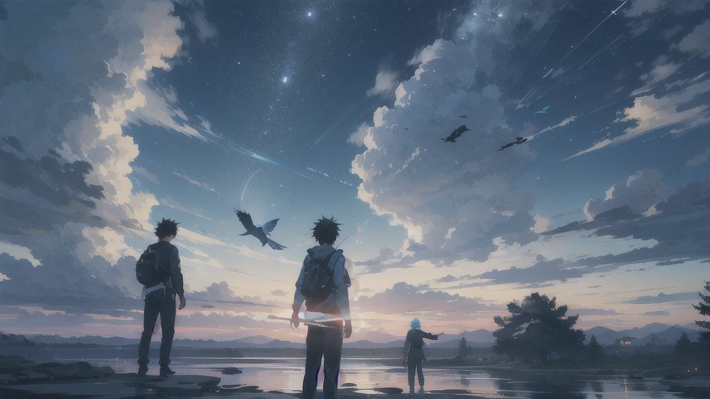 真っ暗なnight空,Octane, star (null), scenery, Blue parakeet,The acoustic guitar is in front of the body.,star, night, A girl and a boy standing back to back, Back view, alone, Outdoor, city,river,Blue parakeet,building, cloud, 天のriver,silhouette