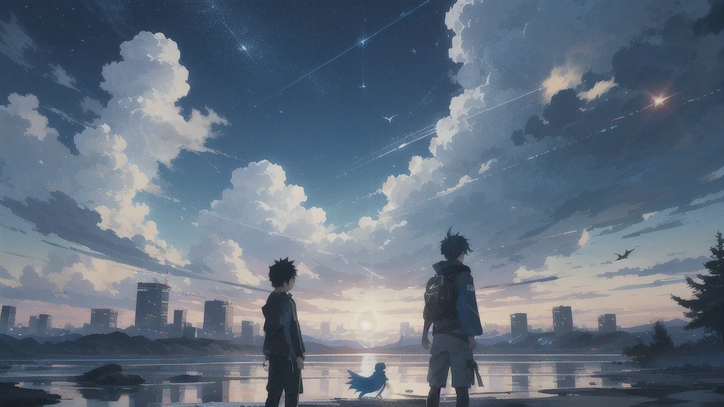 真っ暗なnight空,Octane, star (null), scenery, Blue parakeet,The acoustic guitar is in front of the body.,star, night, A girl and a boy standing back to back, Back view, alone, Outdoor, city,river,Blue parakeet,building, cloud, 天のriver,silhouette