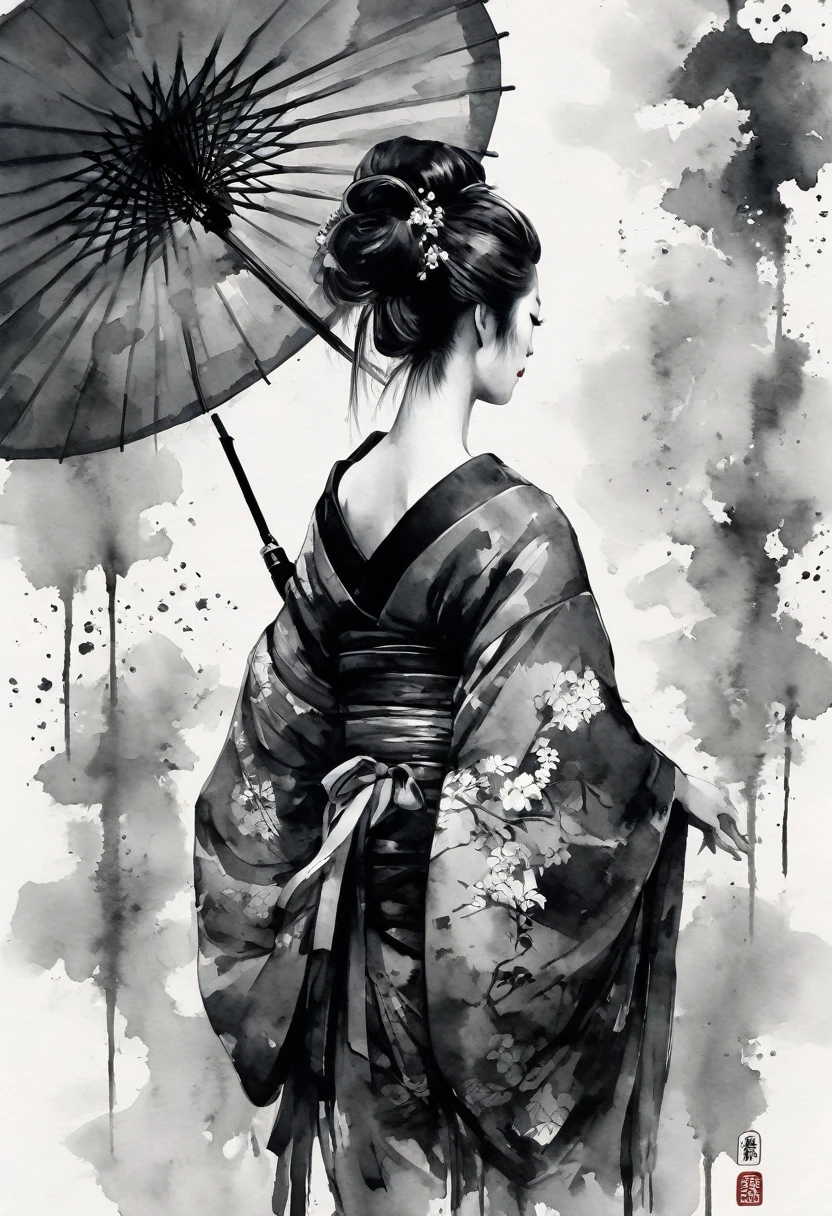 Ink painting,Black and white painting,splash,whole body,She is a very elegant and beautiful 18-year-old girl.,Oiran,geisha,Oiranの髪飾り,Big Barrel,Disheveled Hair,(A kimono with a wide open back collar from the nape to the back),Luxurious Japanese clothes,Large umbrella,Her face is richly decorated,