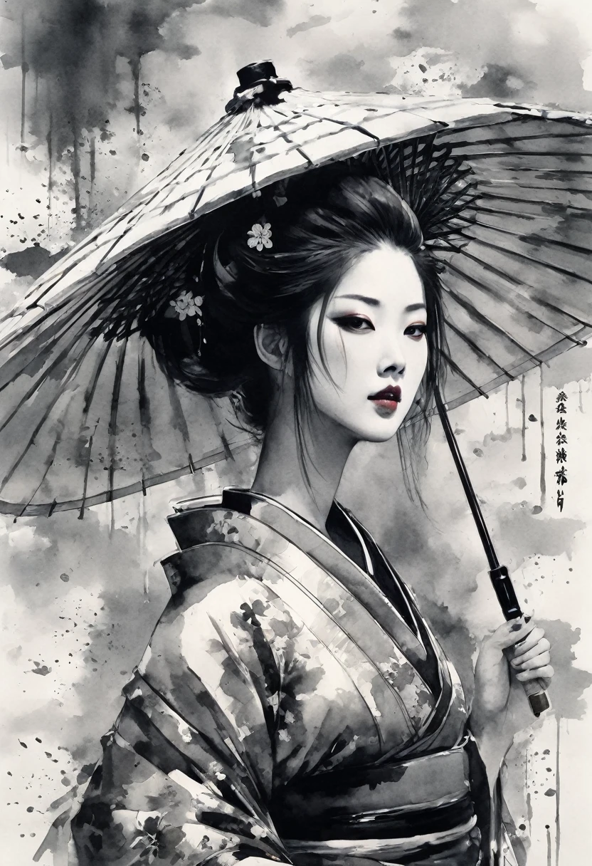 Sumi-e style,Ink and ink painting,Black and white painting,splash,Nikole Kidman,Oiran,luxurious makeup,(Gorgeous costumes,A kimono with a wide open back collar from the nape to the back:1.2),(Oiranの髪飾り,Big Barrel,Disheveled Hair),Large umbrella,(Smoke pipe),