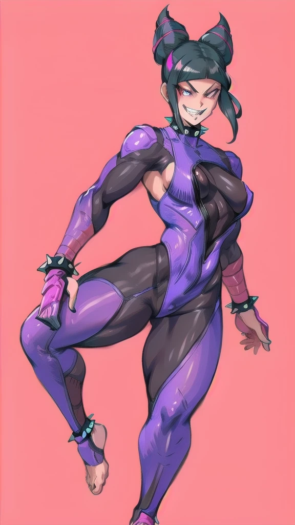 Full body image of Juri Han from Street Fighter 5, wearing her original outfit (black and purple bodysuit with spiked accents, barefoot with taped feet, and arm guards), short black hair styled in twin buns, female body, athletic and flexible body, dynamic pose, detailed pose, simple background, expressive face showing a mischievous grin, focus on face, line art, sketch