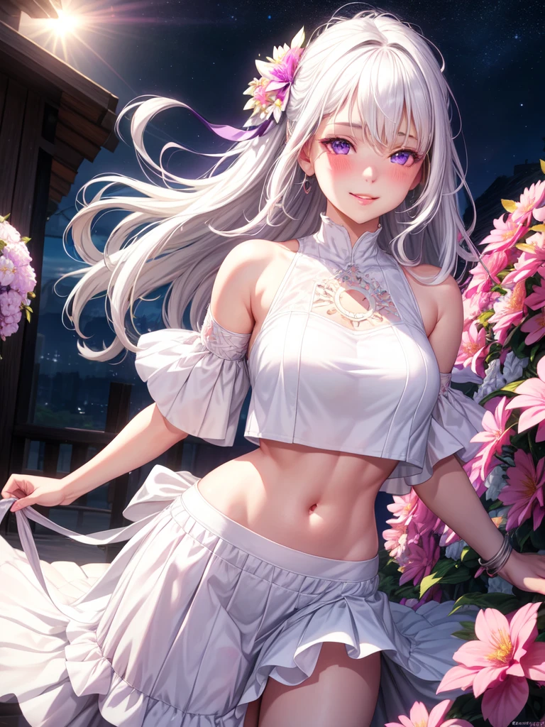An illustration of a ghost girl in a sensual pose and with a micro skirt appearing the tiny thong, roupas totalmente brancas, pele branca e cabelos brancos, quase nua, Tiny thong, seios grandes, decote generoso, bunda grande, toda transparente, light behind her, ghosty aura, sorriso malicioso, rosto lindo e limpo, corpo perfeito