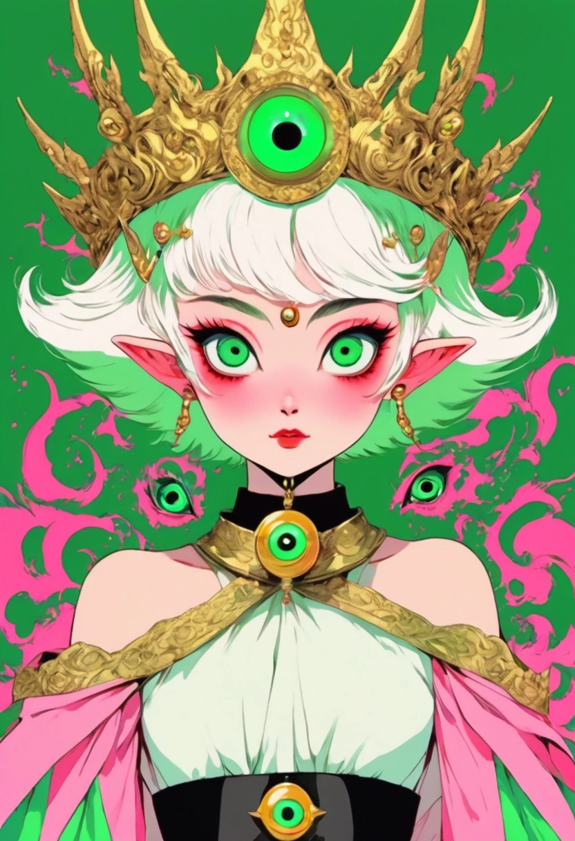 Japanese Anime,Second Dimension,Horror style,horror character,(((third eye on the forehead,Dark eyeshadow,White short hair,Elf ears,Green Skin,Exaggerated golden crown-eyeball decoration))),(((Japanese clothing))).(((Thin waist,Green belt:1.6))).Pure pink background