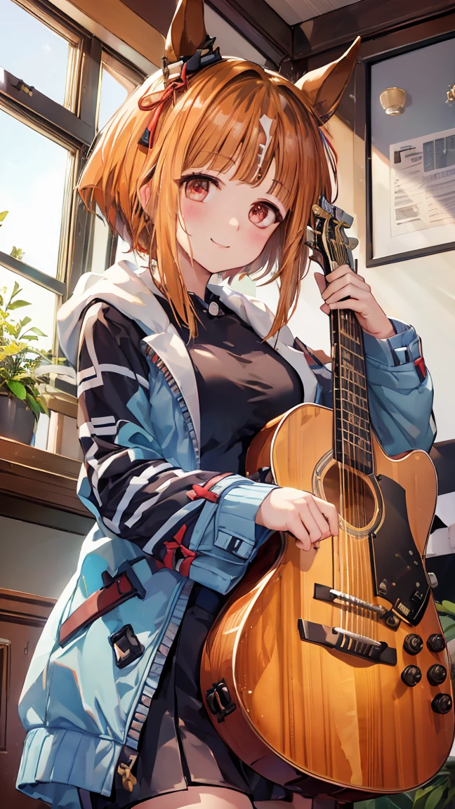 masterpiece, Highest quality, High resolution, Very detailed,(((Transcend))), (((I have a guitar。)))、(((indoor)))、(((smile)))、(((window)))、sunny, Horse ears