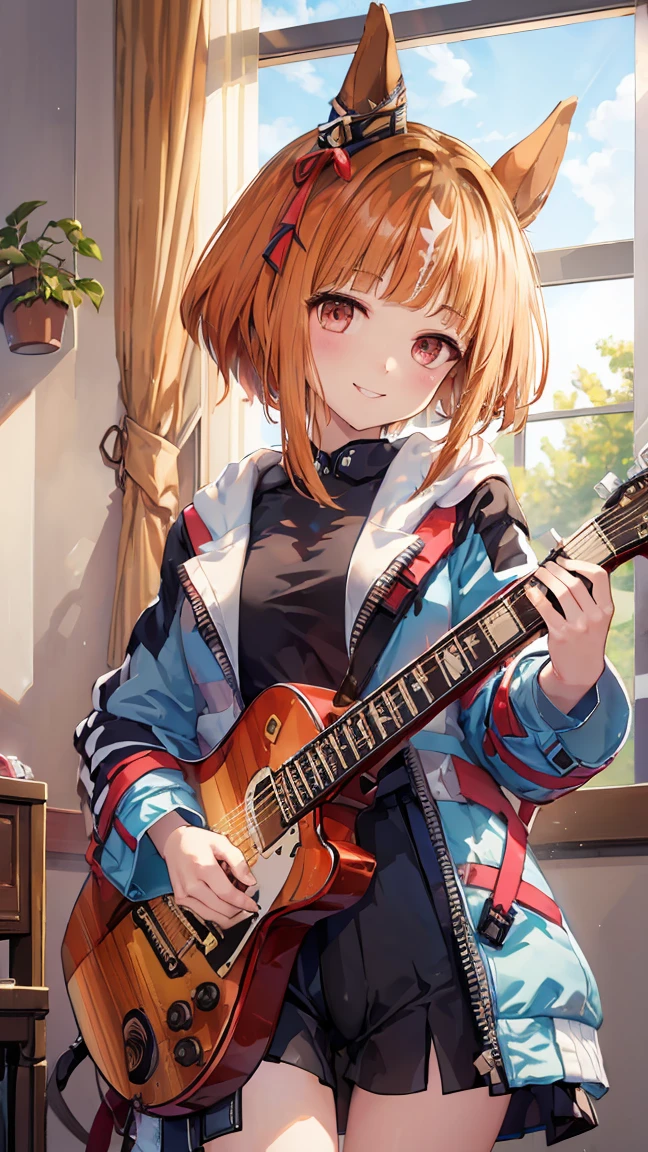 masterpiece, Highest quality, High resolution, Very detailed,(((Transcend))), (((I have a guitar。)))、(((indoor)))、(((smile)))、(((window)))、sunny, Horse ears